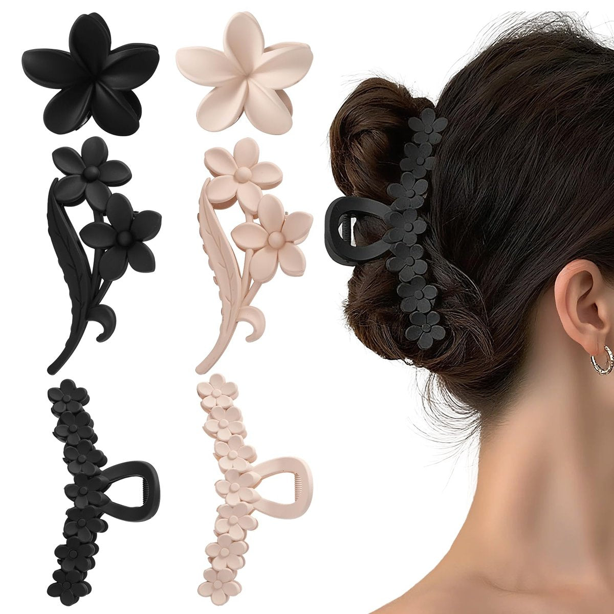 6pcs Flower Claw Clips for Women - Hawaiian Hibiscus Hair Clips, Non-Slip Matte Finish, Black & Cream, Large for Thick Hair, Cute Hair Accessories for Travel Beach Daily - görsel 1