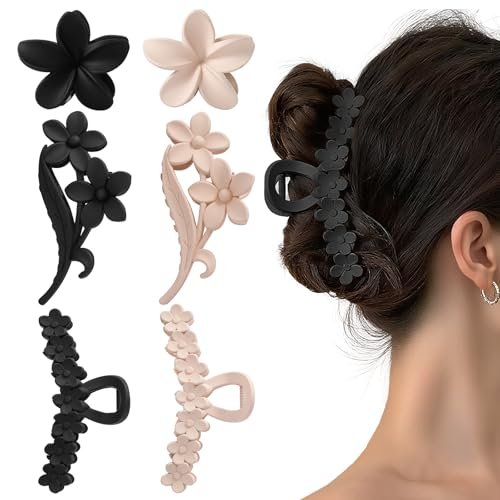 6pcs Flower Claw Clips for Women - Hawaiian Hibiscus Hair Clips, Non-Slip Matte Finish, Black & Cream, Large for Thick Hair, Cute Hair Accessories for Travel Beach Daily - görsel 2