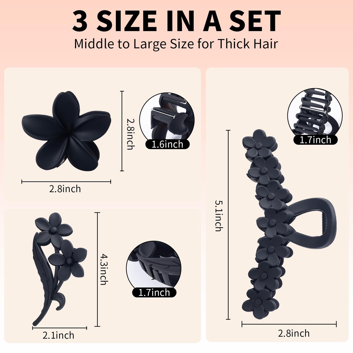 6pcs Flower Claw Clips for Women - Hawaiian Hibiscus Hair Clips, Non-Slip Matte Finish, Black & Cream, Large for Thick Hair, Cute Hair Accessories for Travel Beach Daily - görsel 3