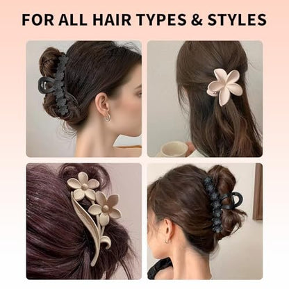 6pcs Flower Claw Clips for Women - Hawaiian Hibiscus Hair Clips, Non-Slip Matte Finish, Black & Cream, Large for Thick Hair, Cute Hair Accessories for Travel Beach Daily