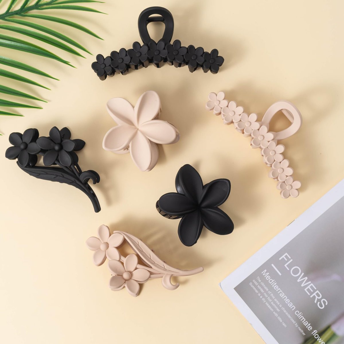 6pcs Flower Claw Clips for Women - Hawaiian Hibiscus Hair Clips, Non-Slip Matte Finish, Black & Cream, Large for Thick Hair, Cute Hair Accessories for Travel Beach Daily - görsel 11