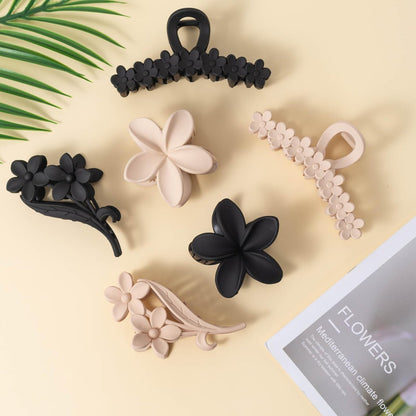 6pcs Flower Claw Clips for Women - Hawaiian Hibiscus Hair Clips, Non-Slip Matte Finish, Black & Cream, Large for Thick Hair, Cute Hair Accessories for Travel Beach Daily