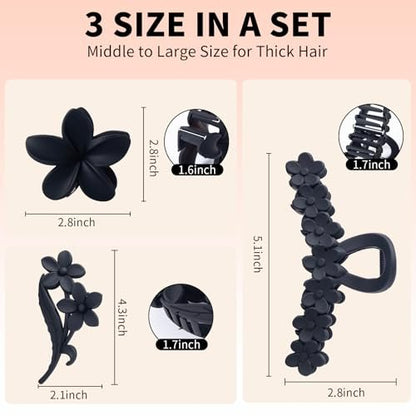 6pcs Flower Claw Clips for Women - Hawaiian Hibiscus Hair Clips, Non-Slip Matte Finish, Black & Cream, Large for Thick Hair, Cute Hair Accessories for Travel Beach Daily