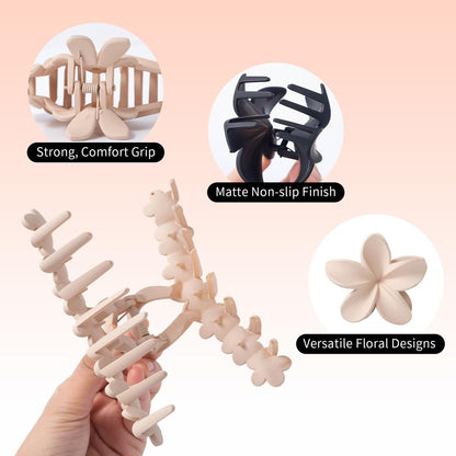 6pcs Flower Claw Clips for Women - Hawaiian Hibiscus Hair Clips, Non-Slip Matte Finish, Black & Cream, Large for Thick Hair, Cute Hair Accessories for Travel Beach Daily