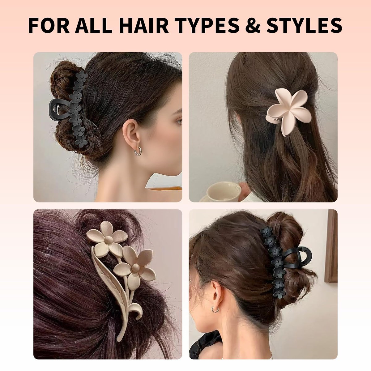 6pcs Flower Claw Clips for Women - Hawaiian Hibiscus Hair Clips, Non-Slip Matte Finish, Black & Cream, Large for Thick Hair, Cute Hair Accessories for Travel Beach Daily - görsel 5