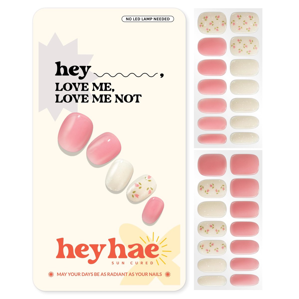 Heyhae Semi Cured Gel Nail Strips - No LED Lamp Needed, Easy Apply & Remove, Salon Quality - 28 Strips + Prep Pads, File & Stick - Hey, Love Me, Love Me Not Avelisse