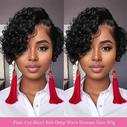 Bworto Pixie Cut Short Bob Frontal Wigs Human Hair Pre Plucked Deep Wave 13x4 HD Lace Front Curly Wigs for Black Women Natural Black Wig 6 Inch Avelisse