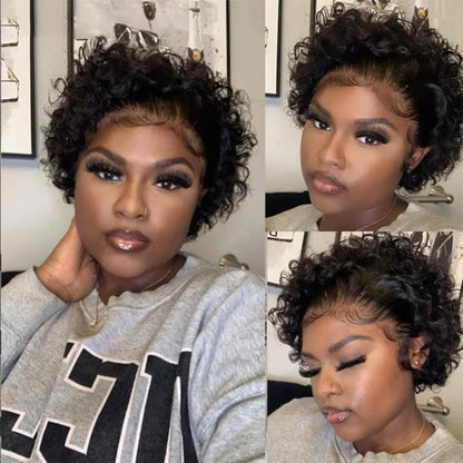 Bworto Pixie Cut Short Bob Frontal Wigs Human Hair Pre Plucked Deep Wave 13x4 HD Lace Front Curly Wigs for Black Women Natural Black Wig 6 Inch Avelisse