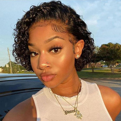 Bworto Pixie Cut Short Bob Frontal Wigs Human Hair Pre Plucked Deep Wave 13x4 HD Lace Front Curly Wigs for Black Women Natural Black Wig 6 Inch Avelisse