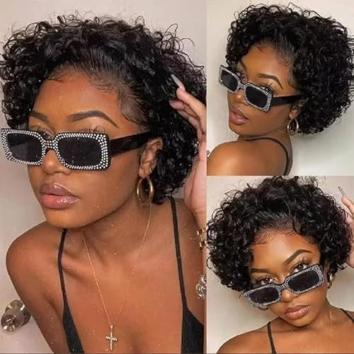 Bworto Pixie Cut Short Bob Frontal Wigs Human Hair Pre Plucked Deep Wave 13x4 HD Lace Front Curly Wigs for Black Women Natural Black Wig 6 Inch Avelisse