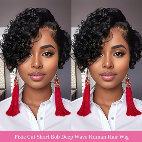 Bworto Pixie Cut Short Bob Frontal Wigs Human Hair Pre Plucked Deep Wave 13x4 HD Lace Front Curly Wigs for Black Women Natural Black Wig 6 Inch Avelisse