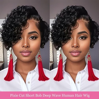 Bworto Pixie Cut Short Bob Frontal Wigs Human Hair Pre Plucked Deep Wave 13x4 HD Lace Front Curly Wigs for Black Women Natural Black Wig 6 Inch Avelisse