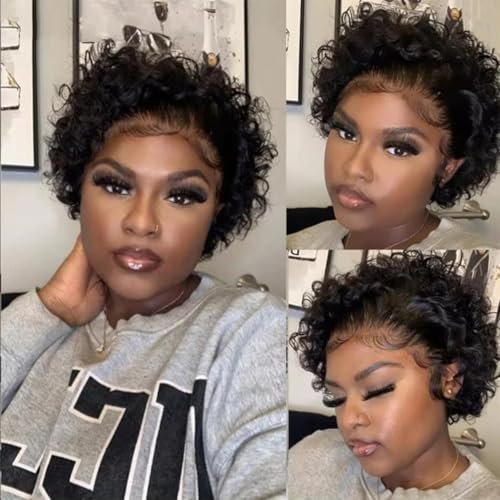 Bworto Pixie Cut Short Bob Frontal Wigs Human Hair Pre Plucked Deep Wave 13x4 HD Lace Front Curly Wigs for Black Women Natural Black Wig 6 Inch Avelisse