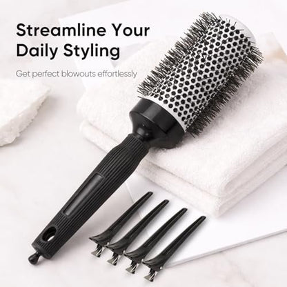Ceramic Round Brush for Blow Drying Set - Professional Blowout, Styling & Curling, Reduces Frizz, Enhances Shine, Includes Sectioning Pick & 4 Clips Avelisse