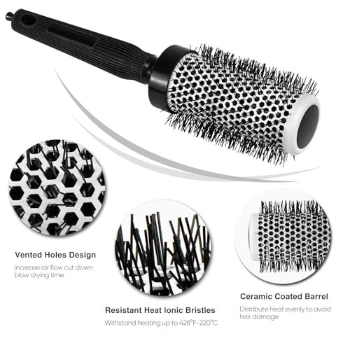 Ceramic Round Brush for Blow Drying Set - Professional Blowout, Styling & Curling, Reduces Frizz, Enhances Shine, Includes Sectioning Pick & 4 Clips Avelisse