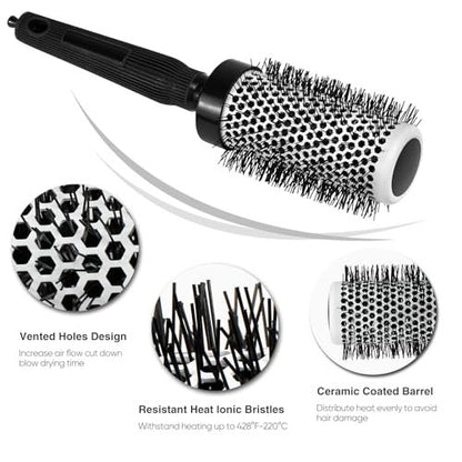 Ceramic Round Brush for Blow Drying Set - Professional Blowout, Styling & Curling, Reduces Frizz, Enhances Shine, Includes Sectioning Pick & 4 Clips Avelisse
