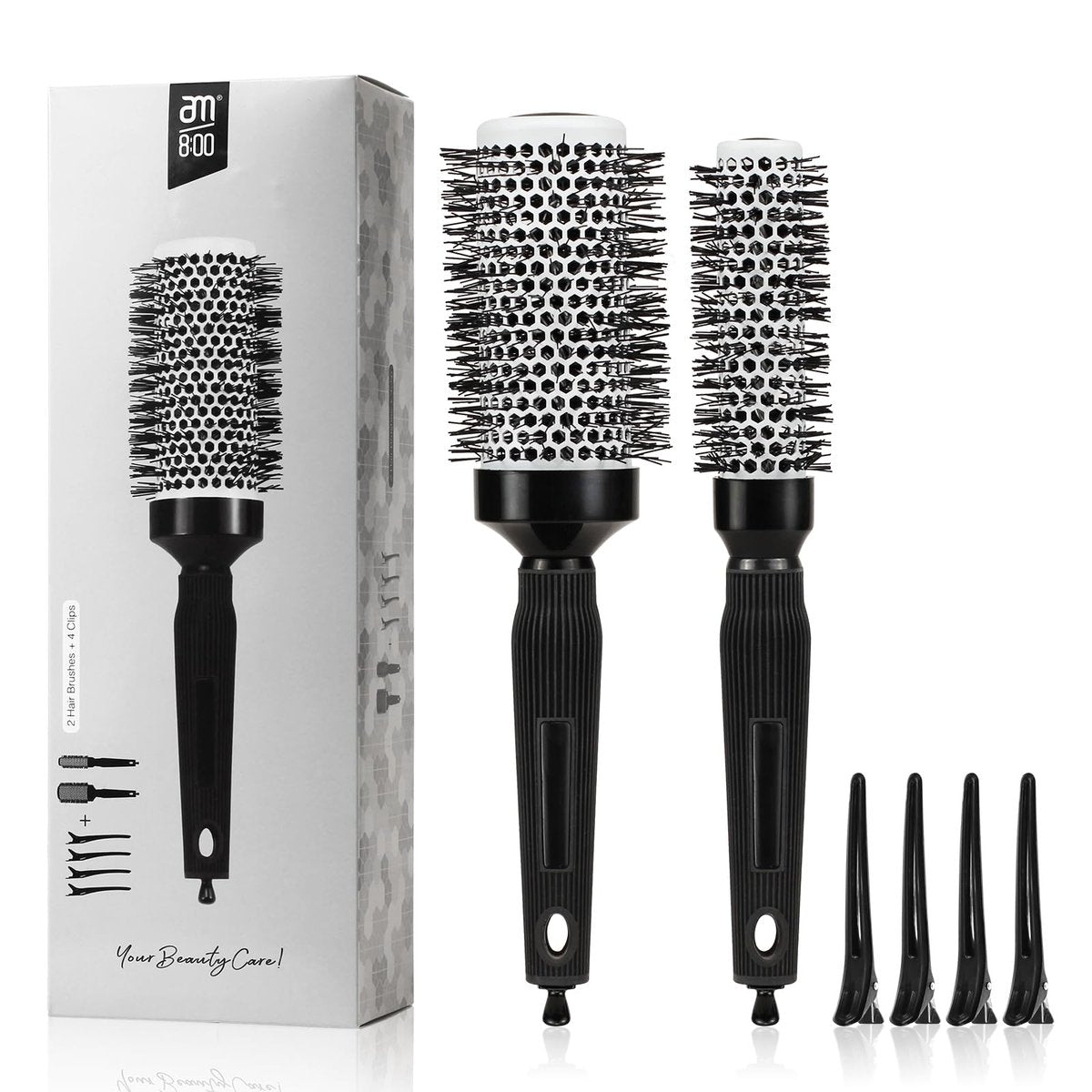 Ceramic Round Brush for Blow Drying Set - Professional Blowout, Styling & Curling, Reduces Frizz, Enhances Shine, Includes Sectioning Pick & 4 Clips Avelisse