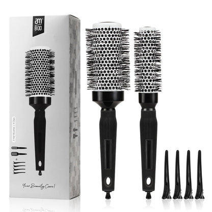 Ceramic Round Brush for Blow Drying Set - Professional Blowout, Styling & Curling, Reduces Frizz, Enhances Shine, Includes Sectioning Pick & 4 Clips Avelisse