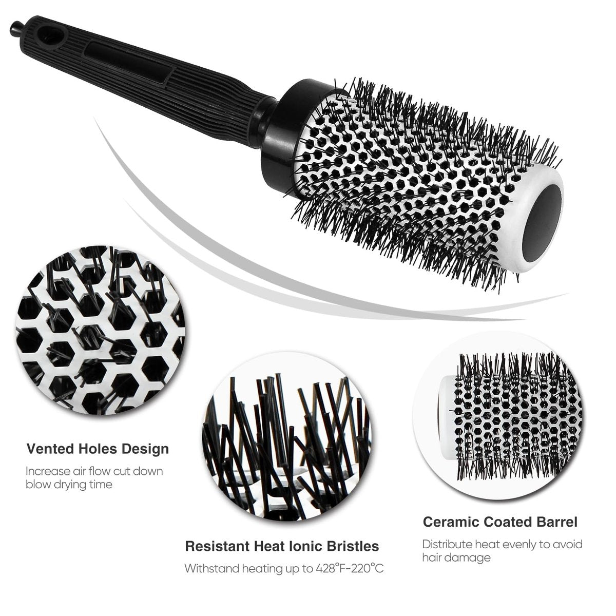 Ceramic Round Brush for Blow Drying Set - Professional Blowout, Styling & Curling, Reduces Frizz, Enhances Shine, Includes Sectioning Pick & 4 Clips Avelisse