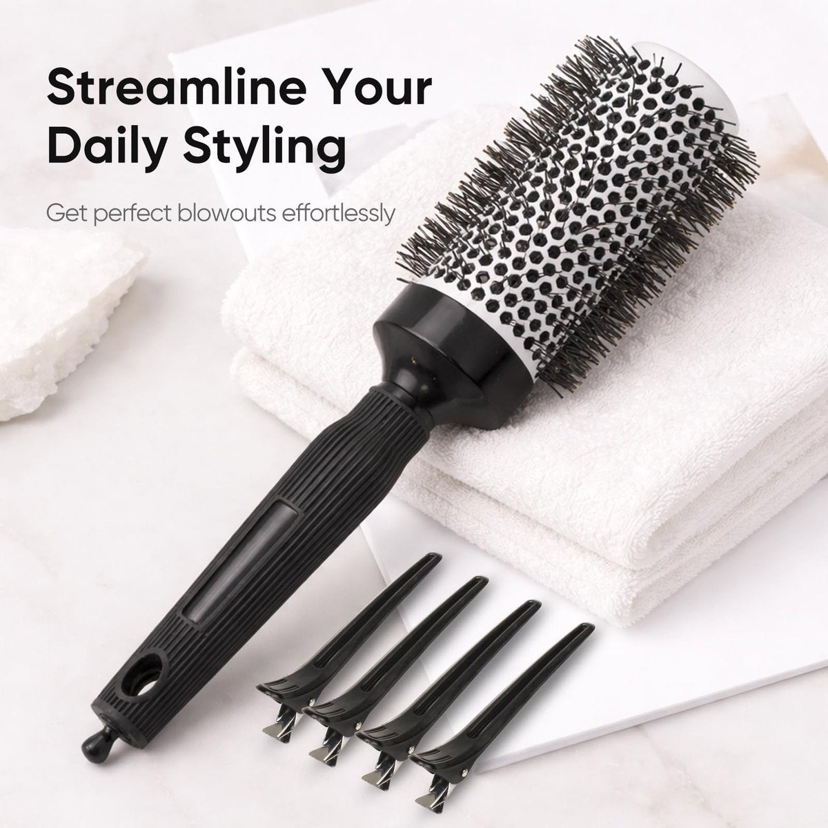Ceramic Round Brush for Blow Drying Set - Professional Blowout, Styling & Curling, Reduces Frizz, Enhances Shine, Includes Sectioning Pick & 4 Clips Avelisse