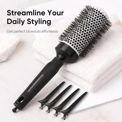 Ceramic Round Brush for Blow Drying Set - Professional Blowout, Styling & Curling, Reduces Frizz, Enhances Shine, Includes Sectioning Pick & 4 Clips Avelisse