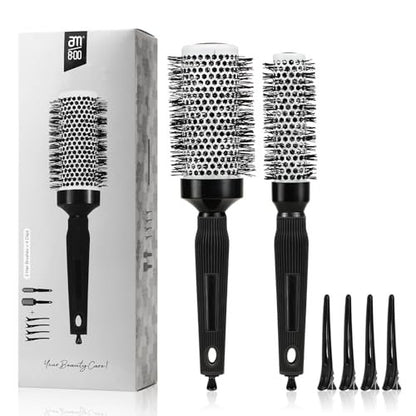 Ceramic Round Brush for Blow Drying Set - Professional Blowout, Styling & Curling, Reduces Frizz, Enhances Shine, Includes Sectioning Pick & 4 Clips Avelisse