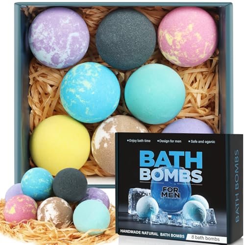 Excalla 8-Pack Strong Scented Handmade Organic Bath Bombs Set for Men and Women - Relaxing Gifts with Natural Essential Oils, Blue Black