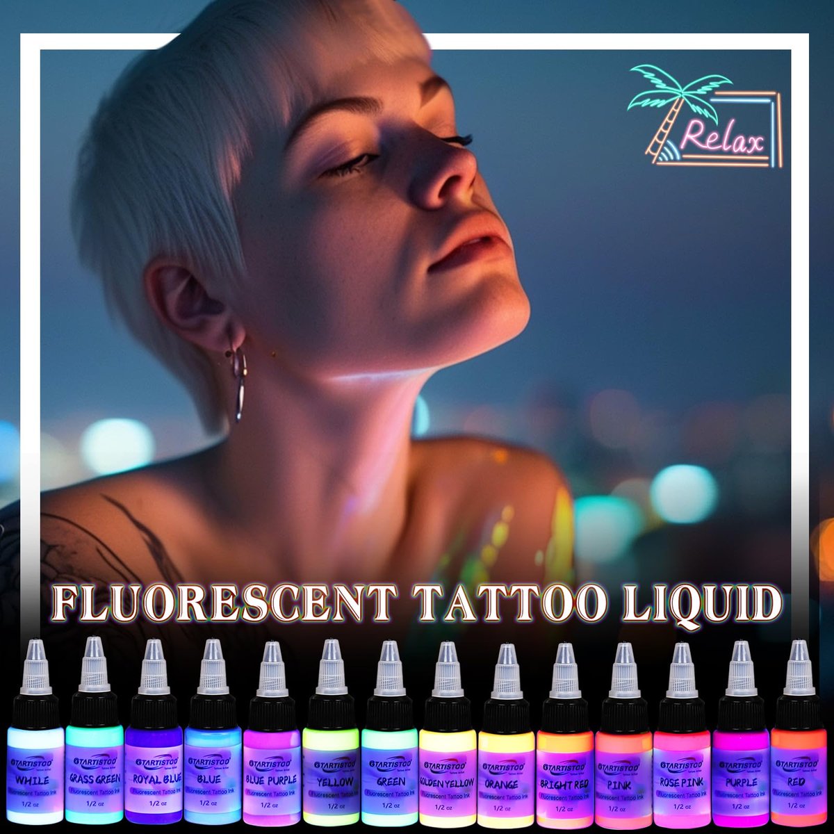 GTARTISTOO 14 Color Tattoo Ink Set - 1/2 oz (15ml) Professional Fluorescent Tattoo Inks Pigment Kit Avelisse