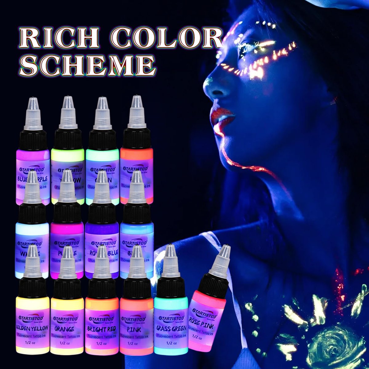 GTARTISTOO 14 Color Tattoo Ink Set - 1/2 oz (15ml) Professional Fluorescent Tattoo Inks Pigment Kit Avelisse