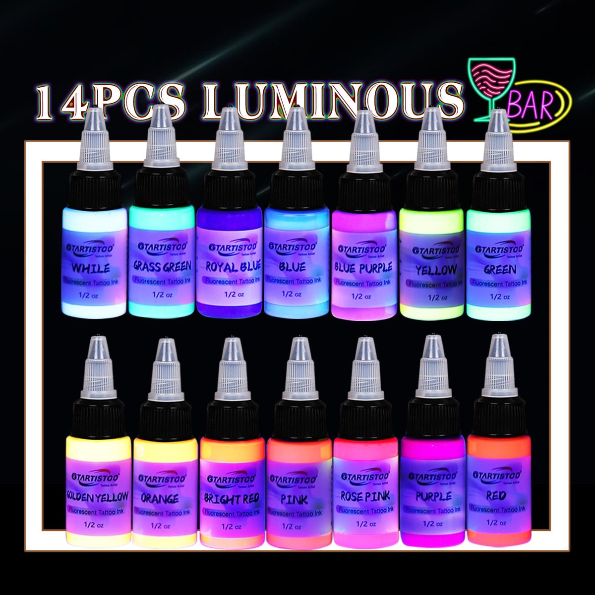 GTARTISTOO 14 Color Tattoo Ink Set - 1/2 oz (15ml) Professional Fluorescent Tattoo Inks Pigment Kit Avelisse
