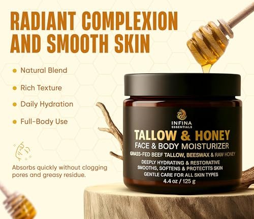 INFINA ESSENTIALS Beef Tallow for Skin - Grass Fed Beef Tallow Face & Body Moisturizer - Balm Style Moisturizing Cream with Raw Honey, Beeswax & Olive Oil for Dry Skin, Hands & Feet - 4.4 oz Avelisse