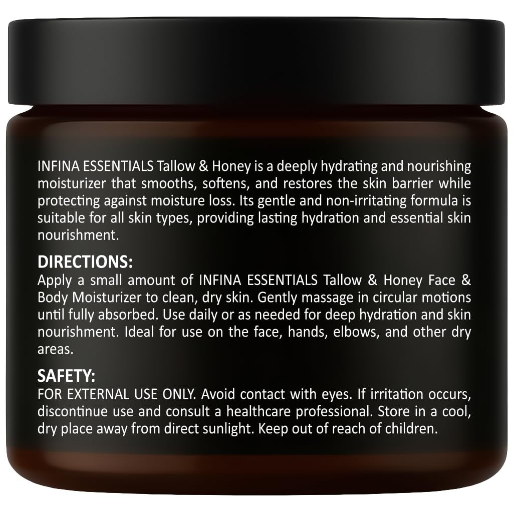 INFINA ESSENTIALS Beef Tallow for Skin - Grass Fed Beef Tallow Face & Body Moisturizer - Balm Style Moisturizing Cream with Raw Honey, Beeswax & Olive Oil for Dry Skin, Hands & Feet - 4.4 oz Avelisse