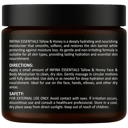 INFINA ESSENTIALS Beef Tallow for Skin - Grass Fed Beef Tallow Face & Body Moisturizer - Balm Style Moisturizing Cream with Raw Honey, Beeswax & Olive Oil for Dry Skin, Hands & Feet - 4.4 oz Avelisse