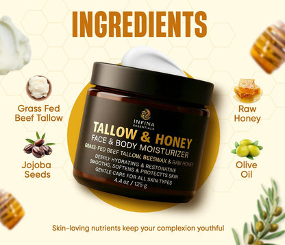 INFINA ESSENTIALS Beef Tallow for Skin - Grass Fed Beef Tallow Face & Body Moisturizer - Balm Style Moisturizing Cream with Raw Honey, Beeswax & Olive Oil for Dry Skin, Hands & Feet - 4.4 oz Avelisse