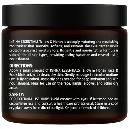 INFINA ESSENTIALS Beef Tallow for Skin - Grass Fed Beef Tallow Face & Body Moisturizer - Balm Style Moisturizing Cream with Raw Honey, Beeswax & Olive Oil for Dry Skin, Hands & Feet - 4.4 oz Avelisse