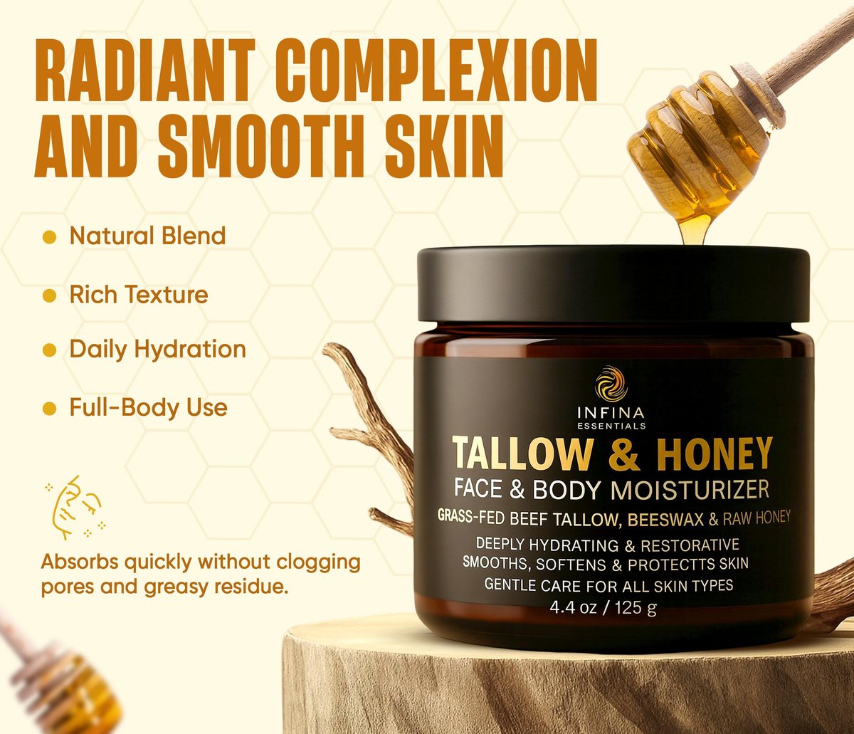 INFINA ESSENTIALS Beef Tallow for Skin - Grass Fed Beef Tallow Face & Body Moisturizer - Balm Style Moisturizing Cream with Raw Honey, Beeswax & Olive Oil for Dry Skin, Hands & Feet - 4.4 oz Avelisse