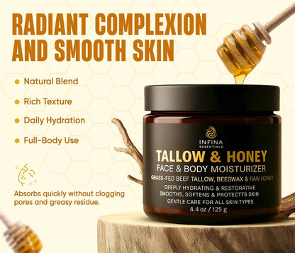 INFINA ESSENTIALS Beef Tallow for Skin - Grass Fed Beef Tallow Face & Body Moisturizer - Balm Style Moisturizing Cream with Raw Honey, Beeswax & Olive Oil for Dry Skin, Hands & Feet - 4.4 oz Avelisse