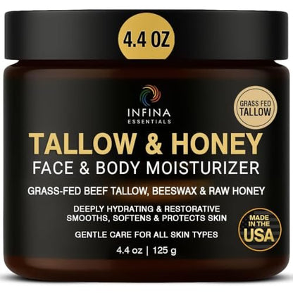 INFINA ESSENTIALS Beef Tallow for Skin - Grass Fed Beef Tallow Face & Body Moisturizer - Balm Style Moisturizing Cream with Raw Honey, Beeswax & Olive Oil for Dry Skin, Hands & Feet - 4.4 oz Avelisse