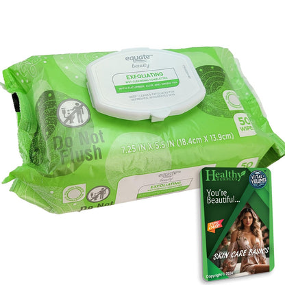 Equate Exfoliating Wet Cleansing Towelettes - 50 Count - Gentle Face Wipes with Tips Card