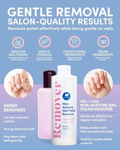 ella+mila Non-Acetone Nail Polish Remover – Gentle, Nourishing Formula for Natural Nails – Vegan & Cruelty-Free – Conditions While Removing Polish – 8 oz