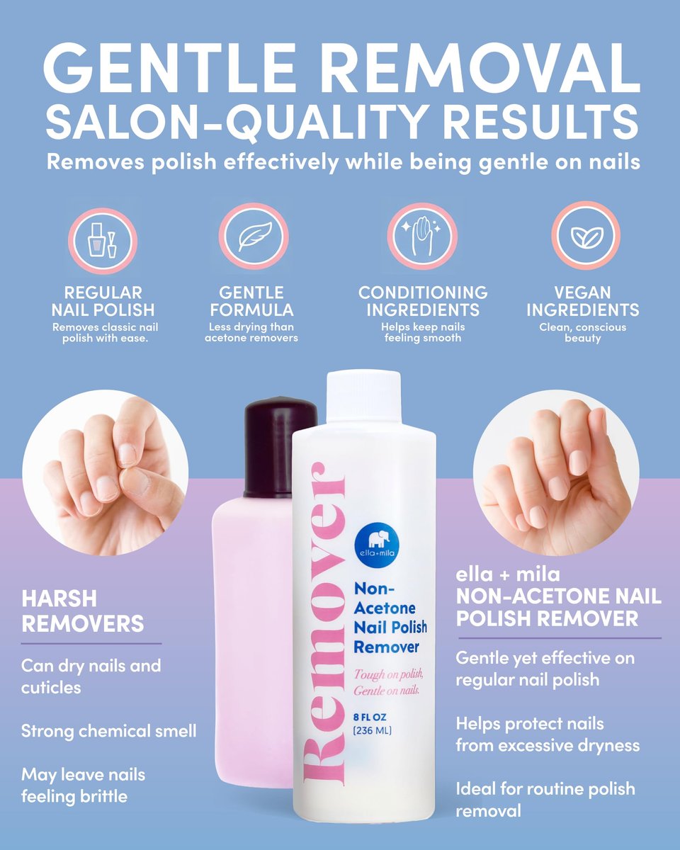 ella+mila Non-Acetone Nail Polish Remover – Gentle, Nourishing Formula for Natural Nails – Vegan & Cruelty-Free – Conditions While Removing Polish – 8 oz - görsel 3
