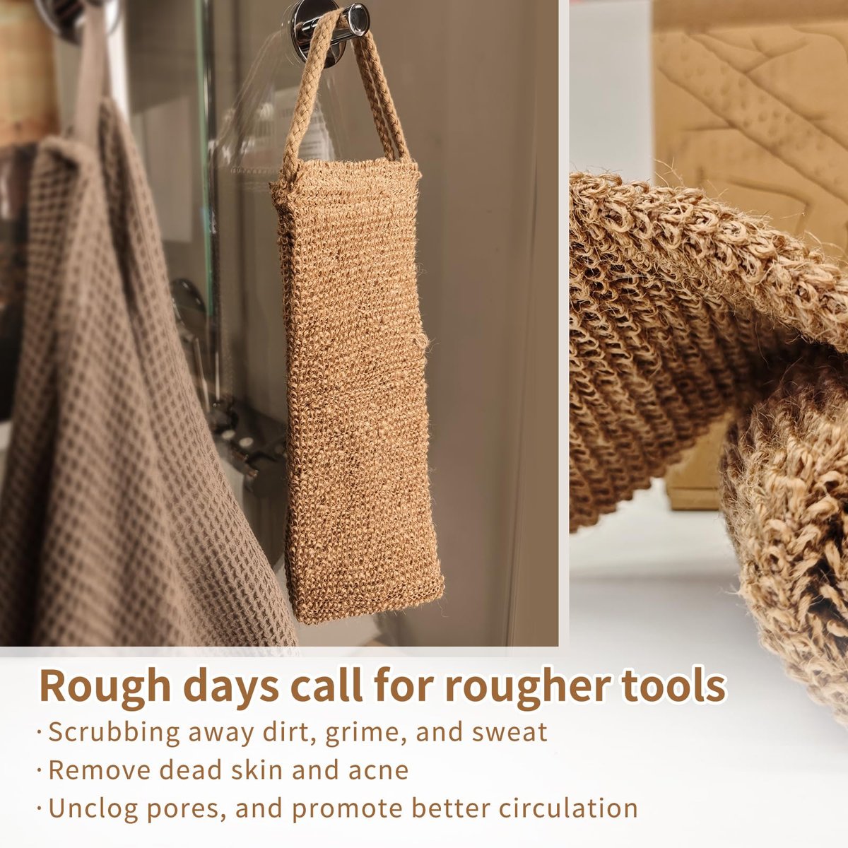 Extra Rough Exfoliating Back Scrubber - Natural Jute Body Exfoliator for Workers, Athletes & Men | Long-Lasting Loofah for Deep Daily Cleansing - görsel 6