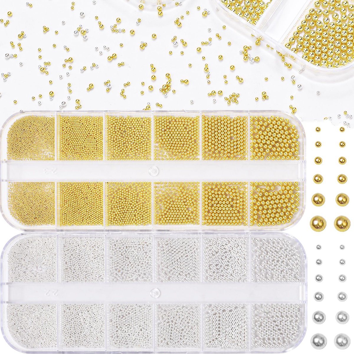 Silver Gold Caviar Metal Nail Beads - Mix Sizes 0.6-2mm Round Caviar Beads for Nail Art, DIY Crafts, Embellishments for Shoes, Clothes, Bags - görsel 1