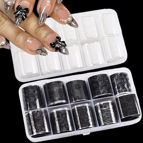 BAOYAALIN 20 Rolls Lace Nail Foil Sheets - Black & White Flower Nail Art Decals, Holographic Stickers for DIY Manicure Wraps - görsel 2
