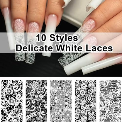 BAOYAALIN 20 Rolls Lace Nail Foil Sheets - Black & White Flower Nail Art Decals, Holographic Stickers for DIY Manicure Wraps