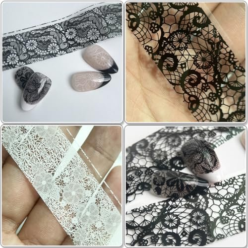 BAOYAALIN 20 Rolls Lace Nail Foil Sheets - Black & White Flower Nail Art Decals, Holographic Stickers for DIY Manicure Wraps - görsel 8