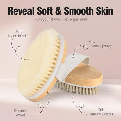2 Pack Dry Brushing Body Brush - Natural Soft Bristle Shower Brush for Exfoliating, Lymphatic Drainage & Improved Circulation - Body Exfoliator Scrubber for Women & Men