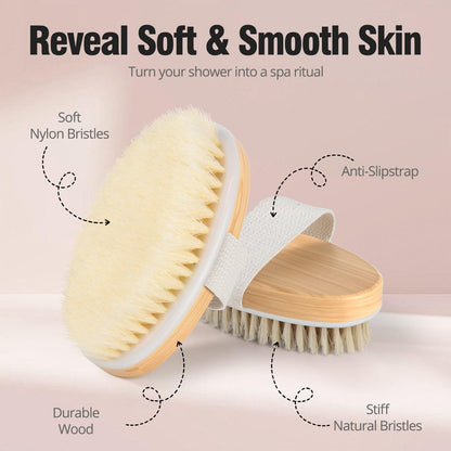 2 Pack Dry Brushing Body Brush - Natural Soft Bristle Shower Brush for Exfoliating, Lymphatic Drainage & Improved Circulation - Body Exfoliator Scrubber for Women & Men