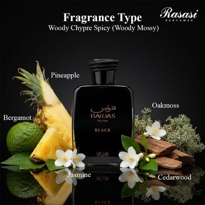 RASASI HAWAS BLACK Eau de Toilette - 3.38 Fl Oz | Bold & Long-Lasting Men's Fragrance Avelisse