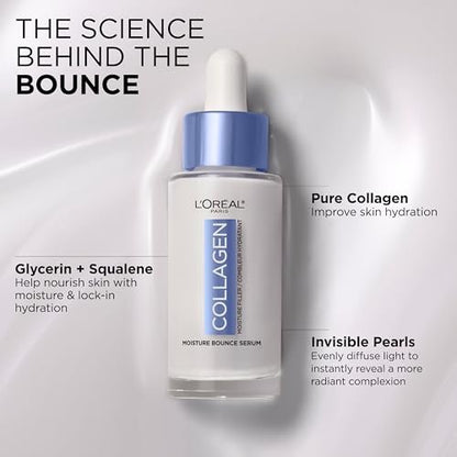 L'Oreal Paris Collagen Moisture Filler Moisture Bounce Face Serum – Hydrating Glow Serum with Collagen, Glycerin & Squalane for Bouncy, Radiant Skin (1 Fl Oz)